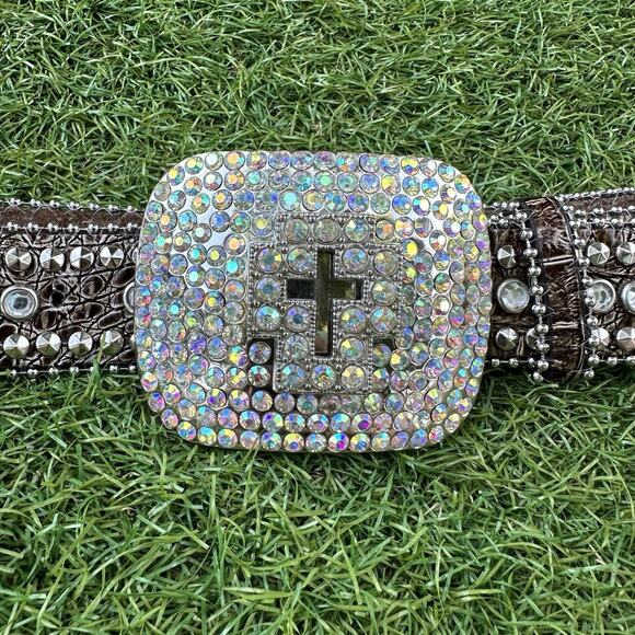 Pewter Rhinestone Cross Crystal Croco Leather Snap On Buckle Belt‎ Medium main image 6